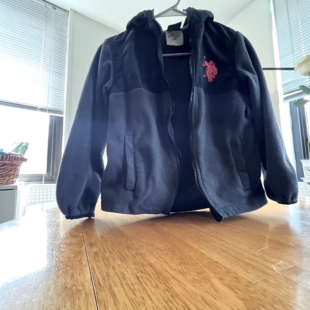 U.S. Polo Assn Boys Hooded Fleece Jacket Charcoal Black Full Zip Size S - Picture 2 of 9